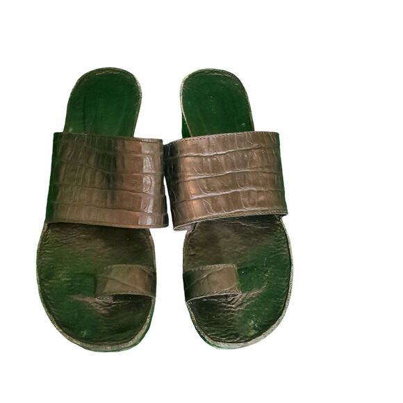 Vicini Tapeet Leather Sandals Alligator Embossed Slide Wedge Shoes Black 39.5/9 - Picture 2 of 7